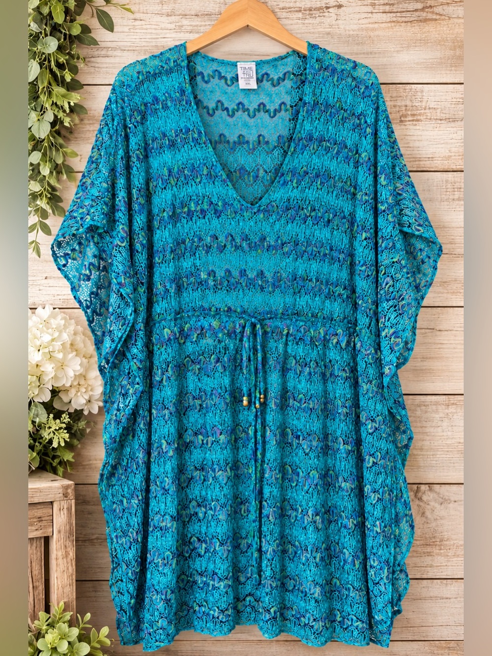 Women's Time and Tru Teal Blue V-Neck Swim Cover with Drawstring Waist